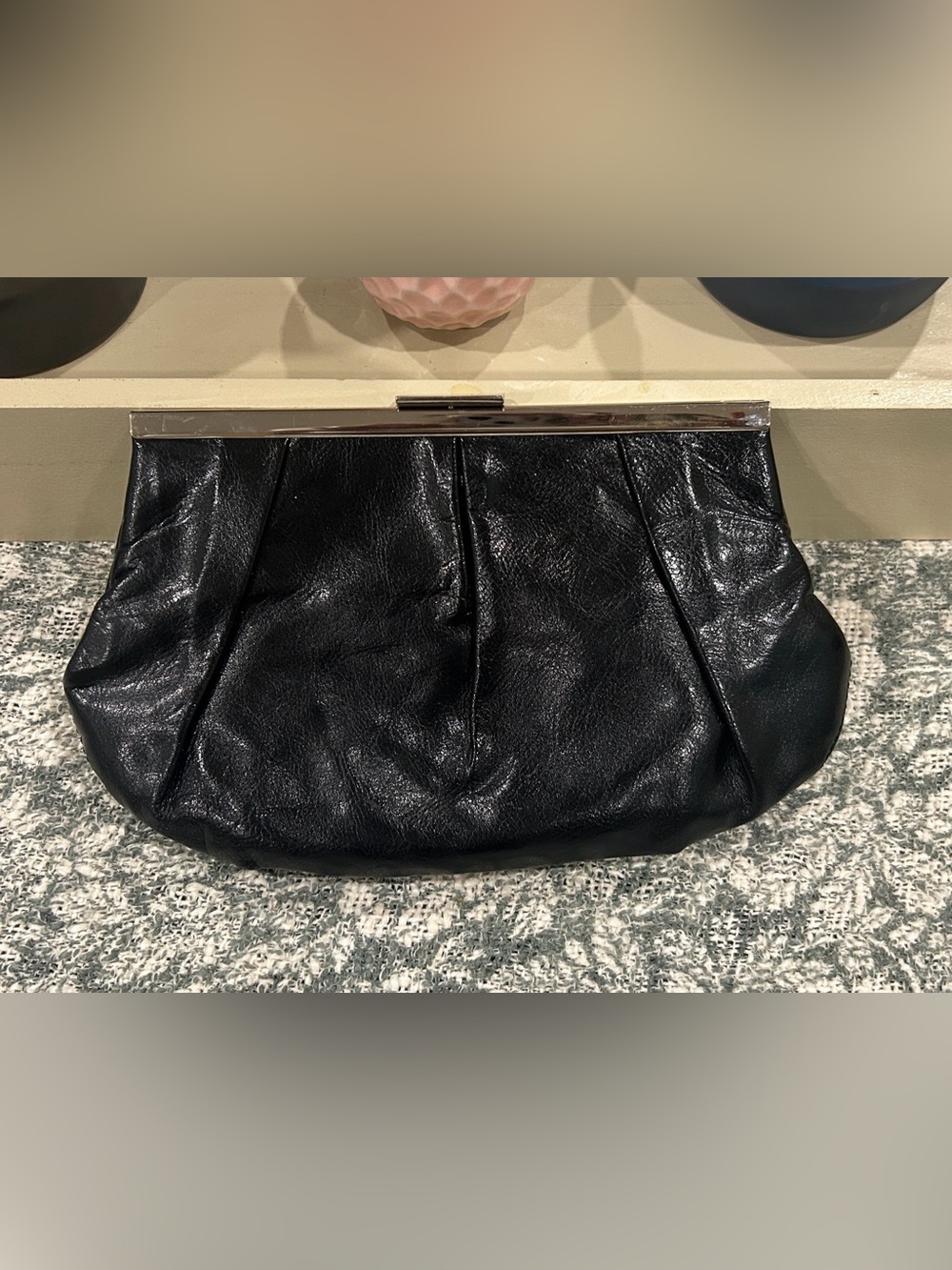 Banana Republic-Classic Black Leather Frame Clutch with Polished Accent